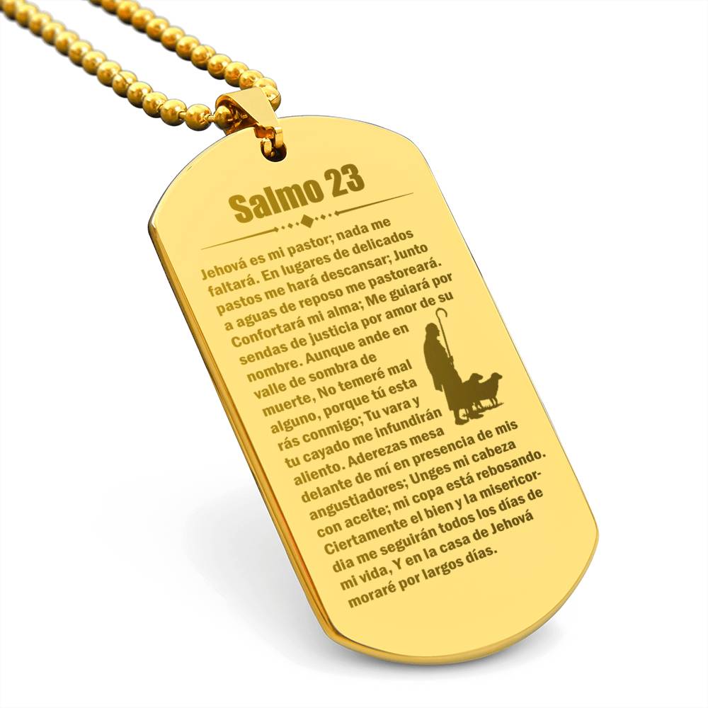 Psalm 23 Spanish Salmo 23 Engraved Dog Tag Necklace Stainless Steel or 18k Gold w 24" Chain-Express Your Love Gifts