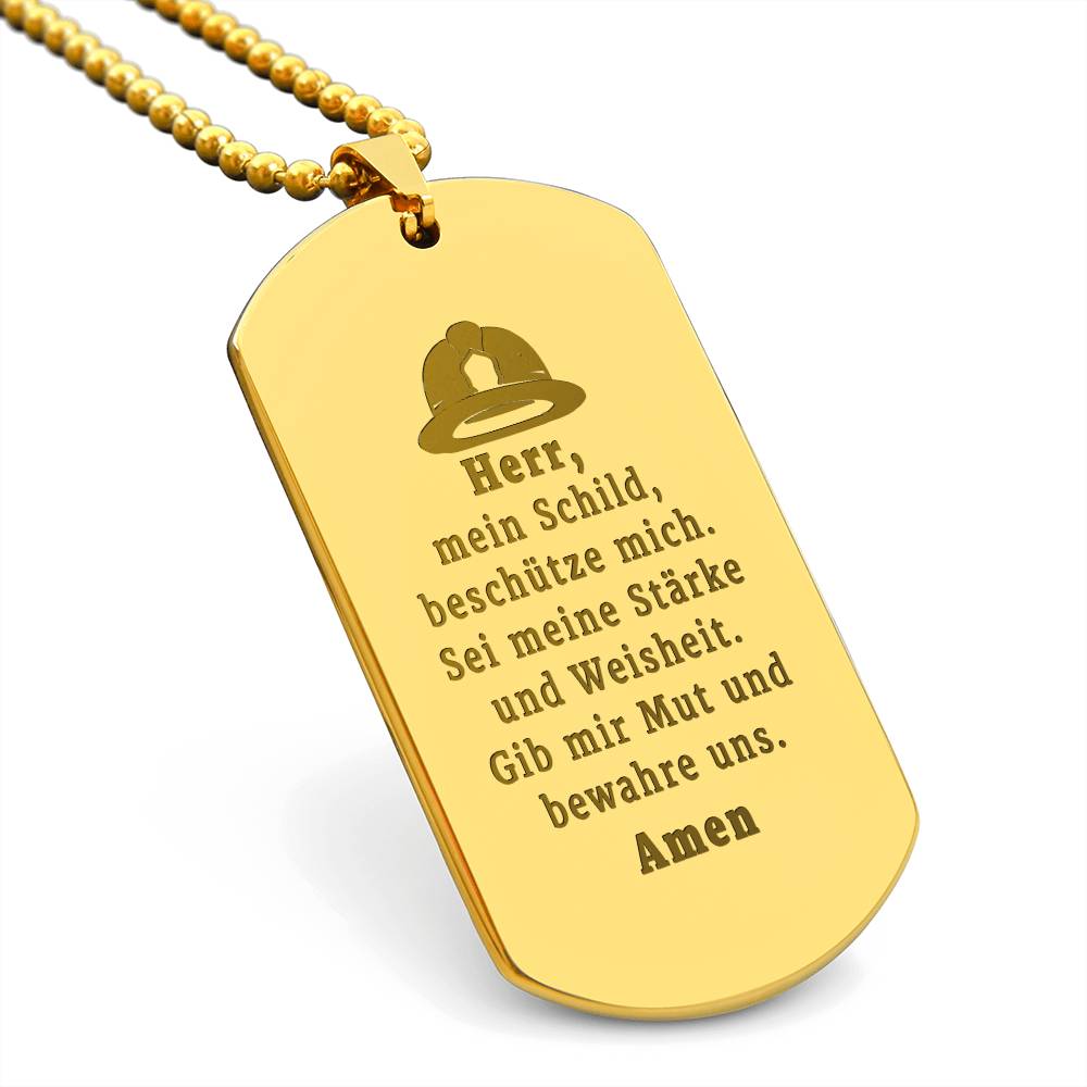 Feuerwehrmann German Firefighter Prayer Engraved Dog Tag Bible Necklace Stainless Steel or 18k Gold w 24" Chain