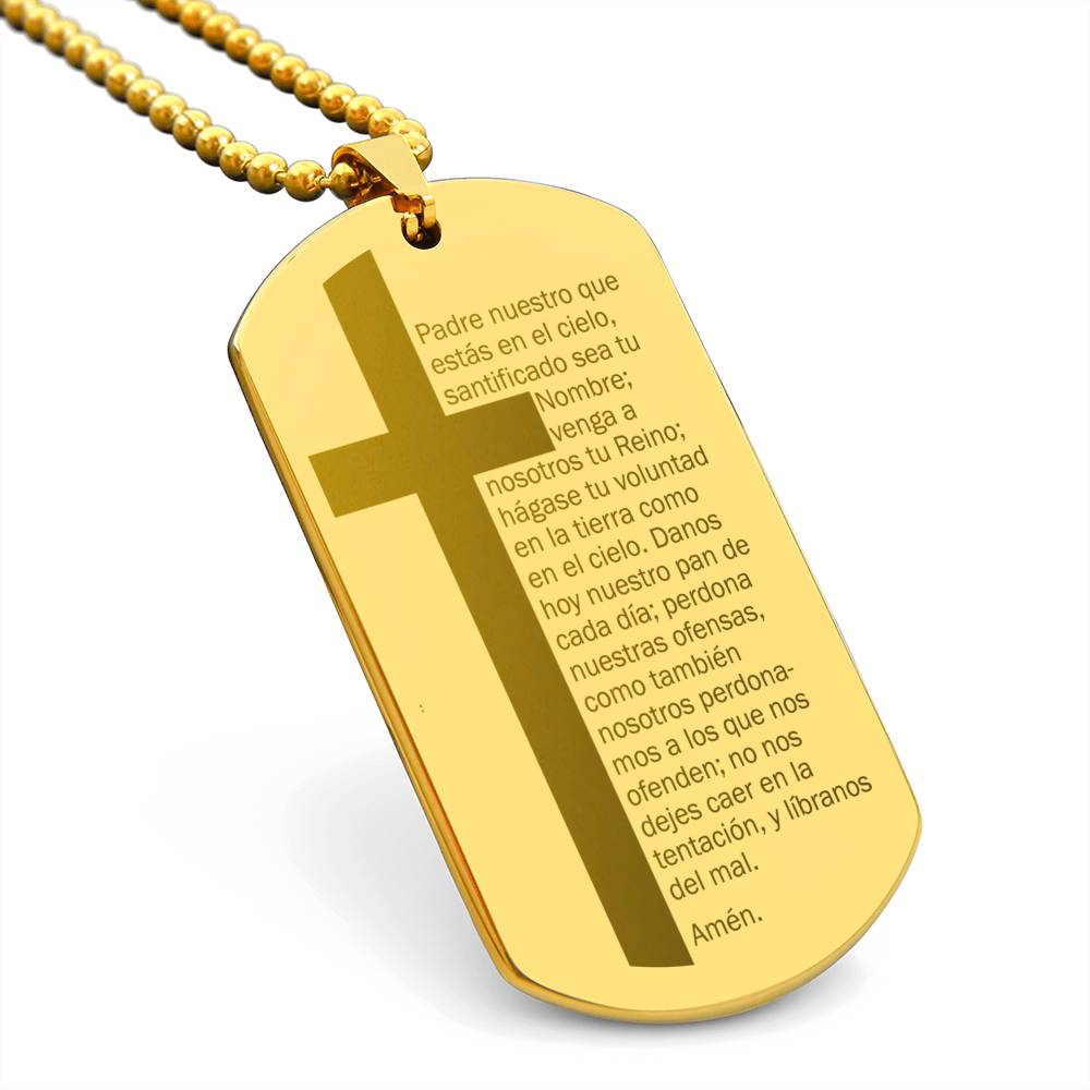 Lords Prayer Spanish Padre Nuestro Engraved Dog Tag Necklace Stainless Steel or 18k Gold w 24" Chain-Express Your Love Gifts