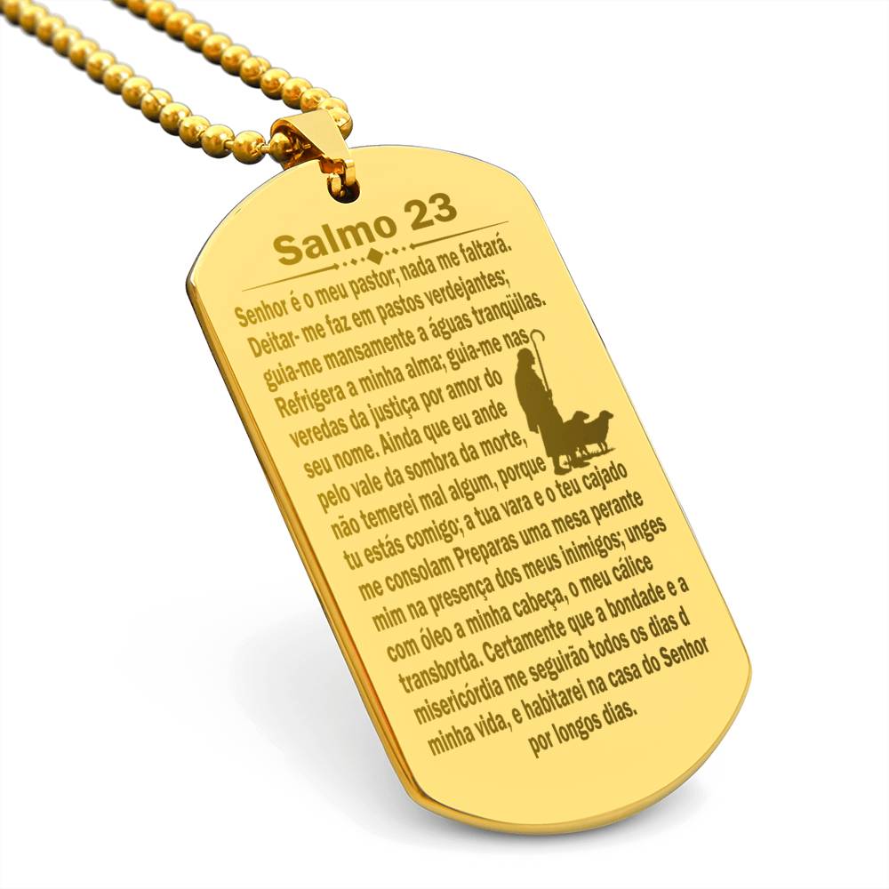 Psalm 23 Portuguese Salmo 23 Engraved Dog Tag Necklace Stainless Steel or 18k Gold w 24" Chain-Express Your Love Gifts