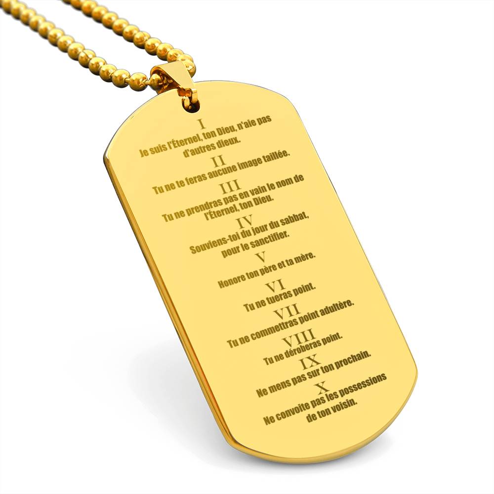 Ten Commandments French Dix Commandements Engraved Dog Tag Necklace Stainless Steel or 18k Gold w 24" Chain-Express Your Love Gifts