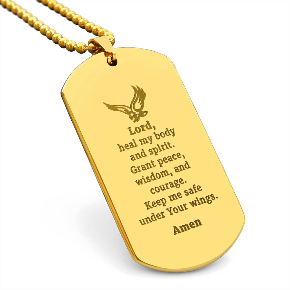 Veterans Prayer Engraved Dog Tag Bible Necklace Stainless Steel or 18k Gold w 24" Chain
