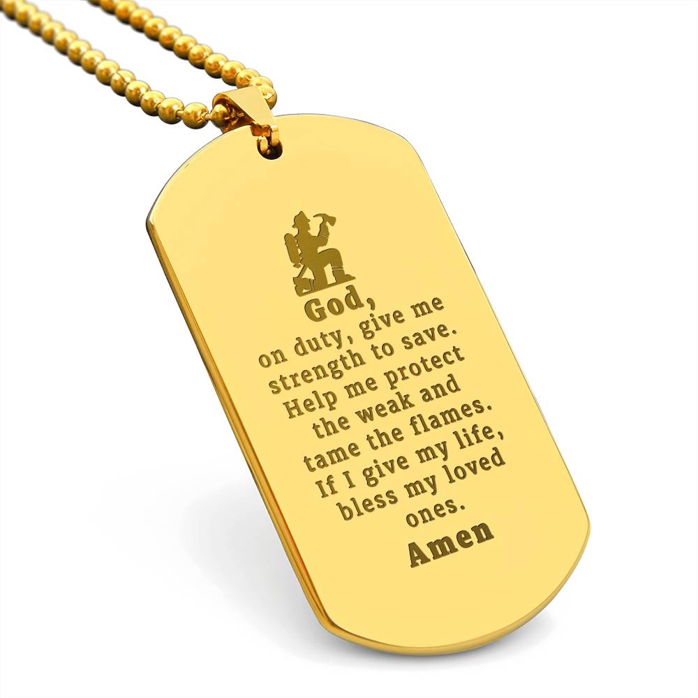 Firefighter's Prayer Engraved Dog Tag Bible Necklace Stainless Steel or 18k Gold w 24" Chain