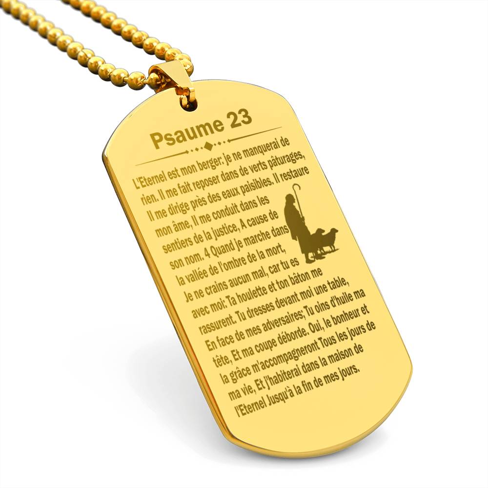 Psalm 23 French Psaume 23 Engraved Dog Tag Necklace Stainless Steel or 18k Gold w 24" Chain-Express Your Love Gifts