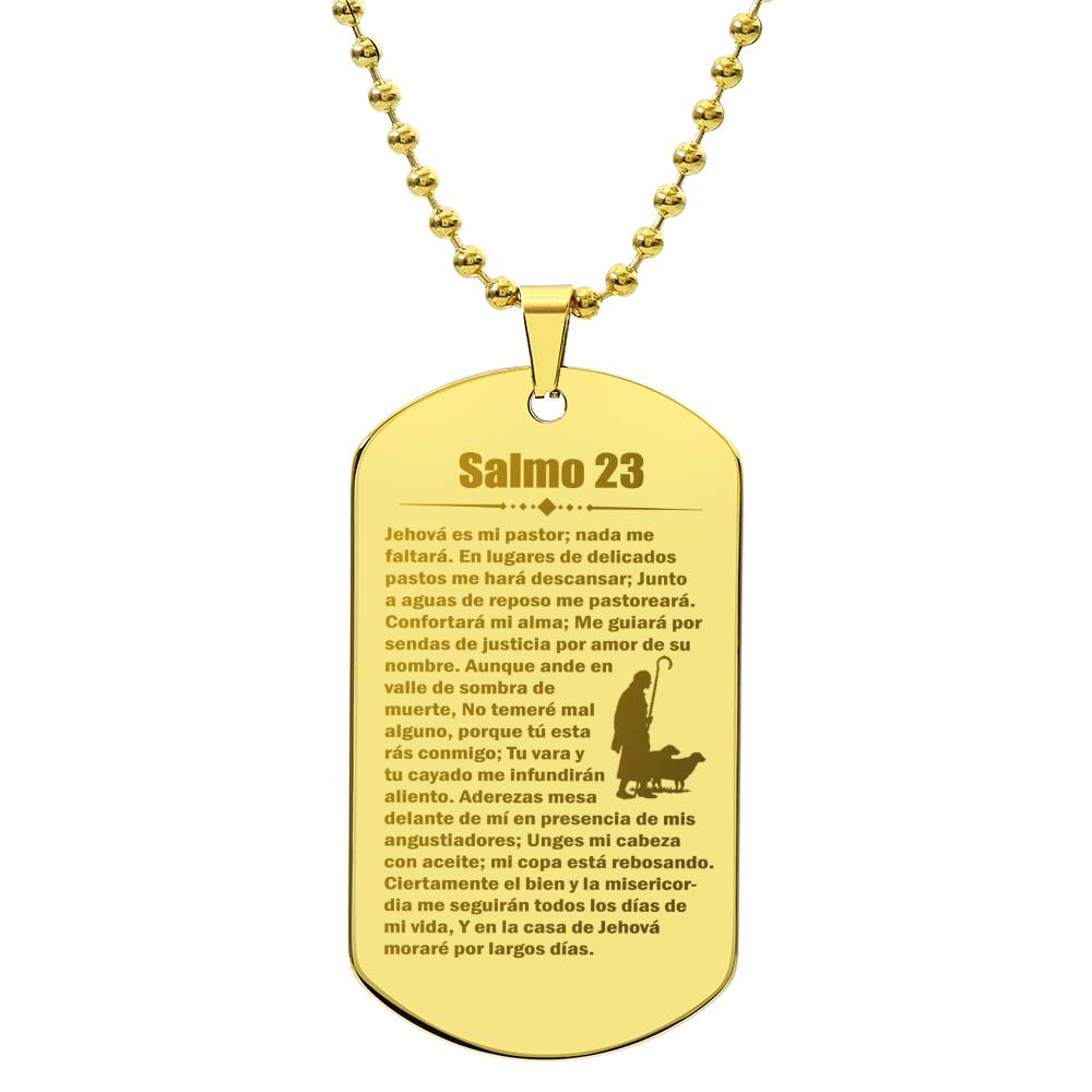 Psalm 23 Spanish Salmo 23 Engraved Dog Tag Necklace Stainless Steel or 18k Gold w 24" Chain-Express Your Love Gifts