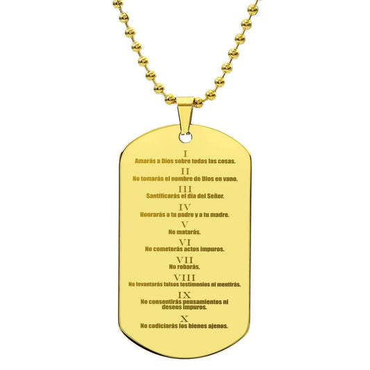 Ten Commandments Spanish Diez Mandamientos Engraved Dog Tag Necklace Stainless Steel or 18k Gold w 24" Chain-Express Your Love Gifts