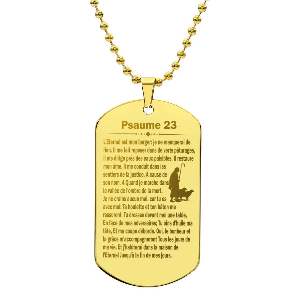 Psalm 23 French Psaume 23 Engraved Dog Tag Necklace Stainless Steel or 18k Gold w 24" Chain-Express Your Love Gifts