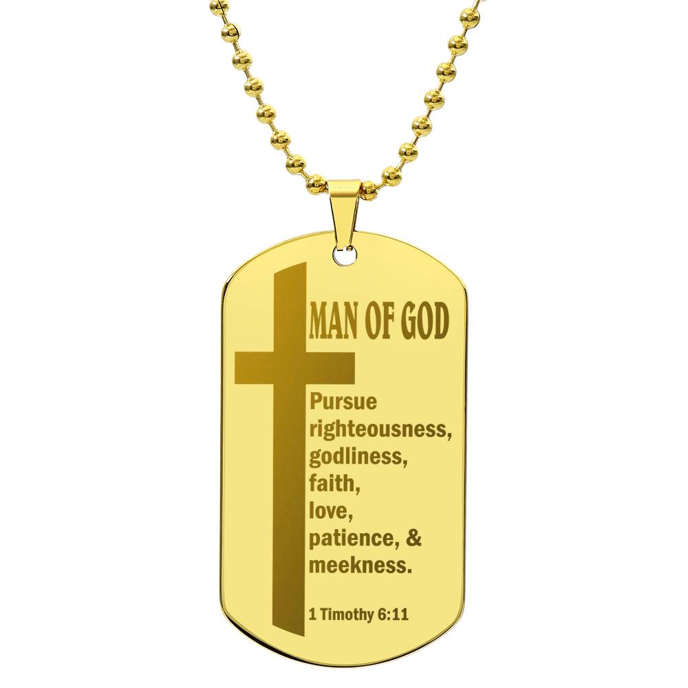 Man of God Pursuing 1 Timothy 6.11 Engraved Dog Tag Necklace Stainless Steel or 18k Gold w 24" Chain-Express Your Love Gifts