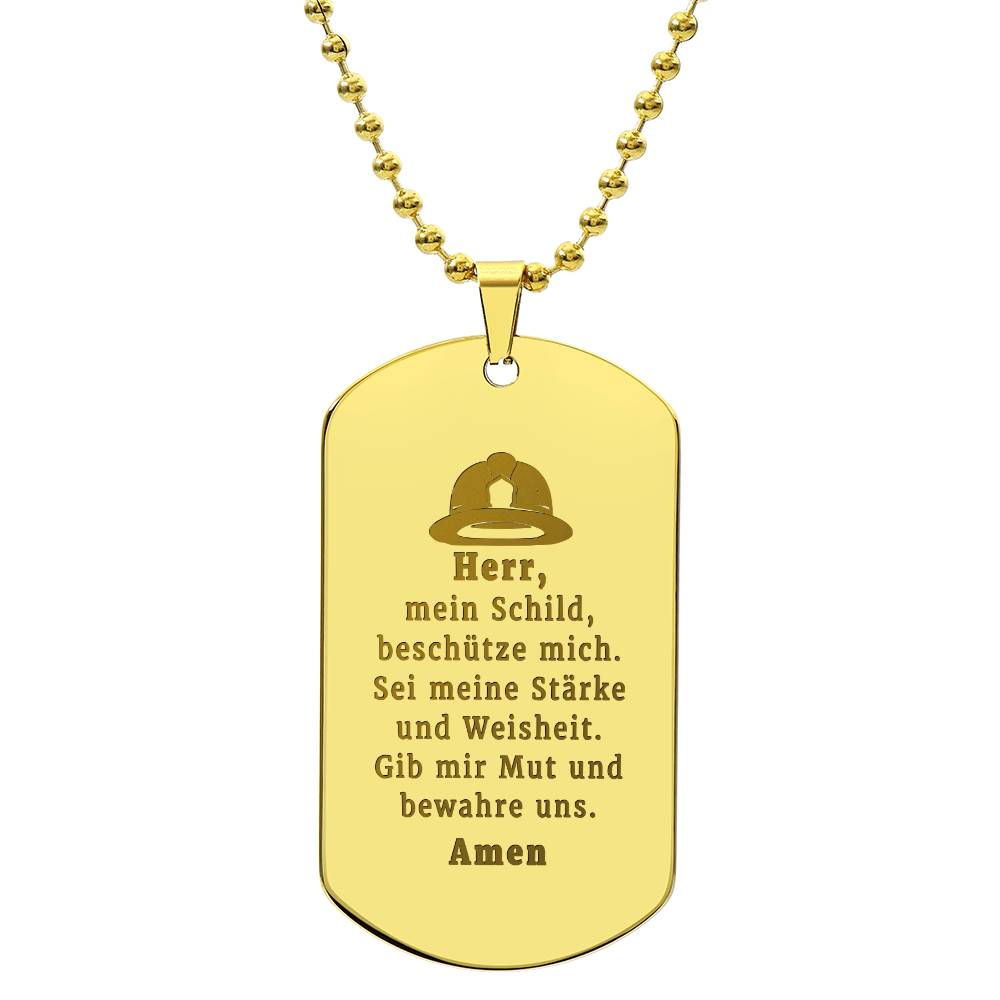 Feuerwehrmann German Firefighter Prayer Engraved Dog Tag Bible Necklace Stainless Steel or 18k Gold w 24" Chain
