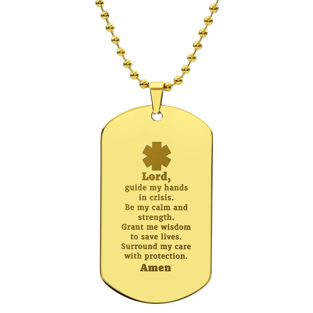 EMT Prayer Engraved Dog Tag Bible Necklace Stainless Steel or 18k Gold w 24" Chain