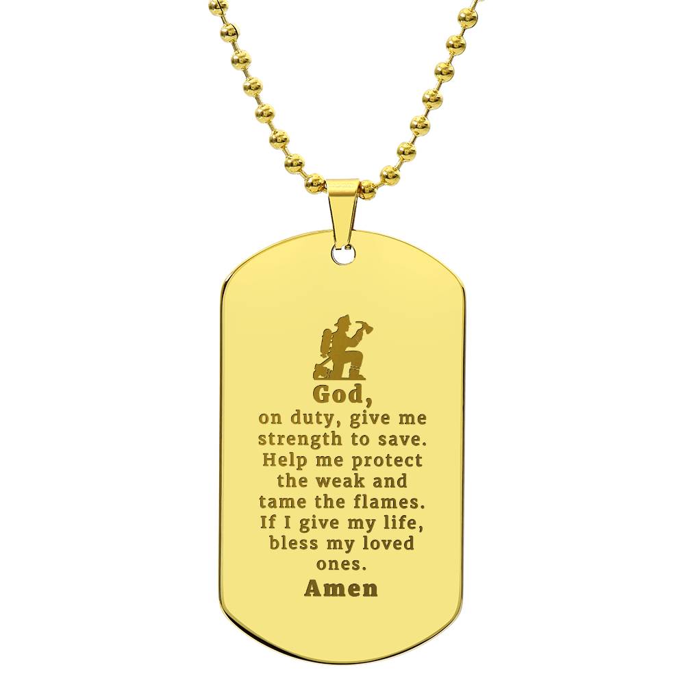 Firefighter's Prayer Engraved Dog Tag Bible Necklace Stainless Steel or 18k Gold w 24" Chain