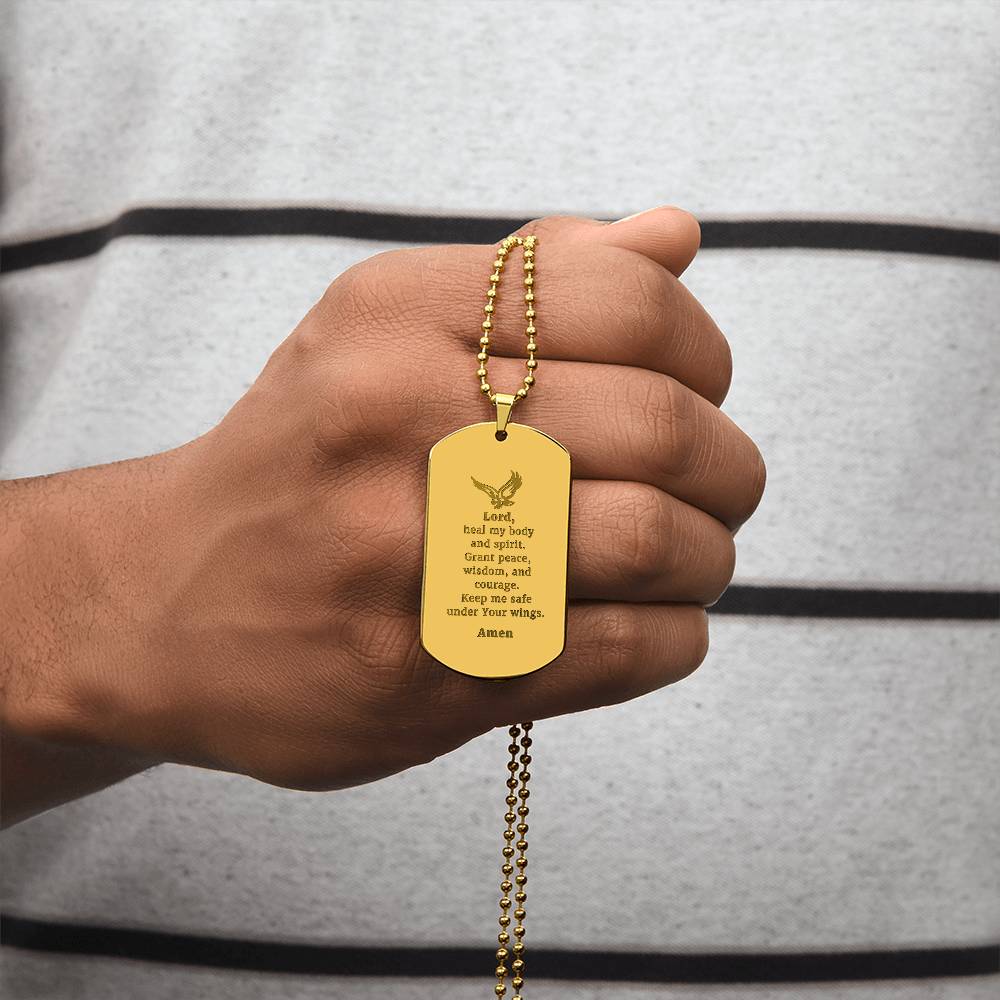 Veterans Prayer Engraved Dog Tag Bible Necklace Stainless Steel or 18k Gold w 24" Chain