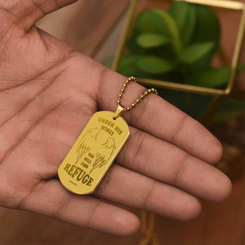 Psalm 91 Refuge Under His Wings Engraved Dog Tag Necklace Stainless Steel or 18k Gold w 24" Chain-Express Your Love Gifts
