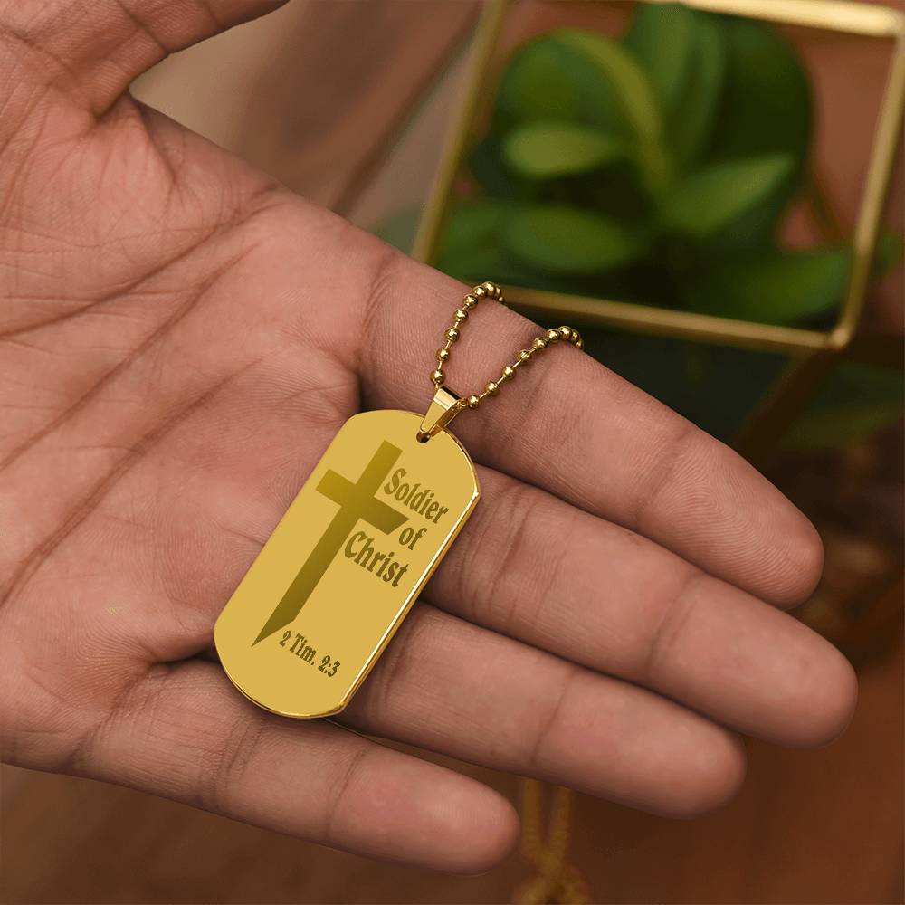 Soldier of Christ 2 Tim 2 3 Engraved Dog Tag Necklace Stainless Steel or 18k Gold w 24" Chain-Express Your Love Gifts