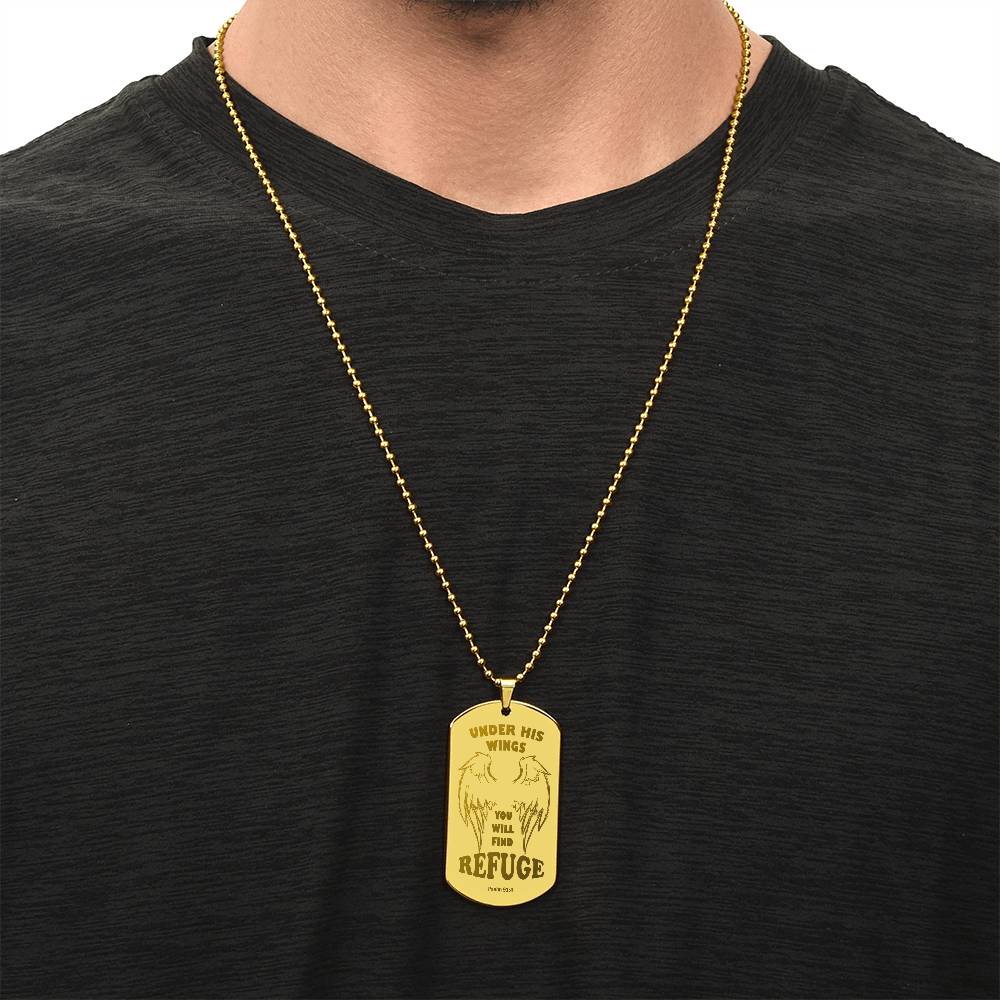 Psalm 91 Refuge Under His Wings Engraved Dog Tag Necklace Stainless Steel or 18k Gold w 24" Chain-Express Your Love Gifts