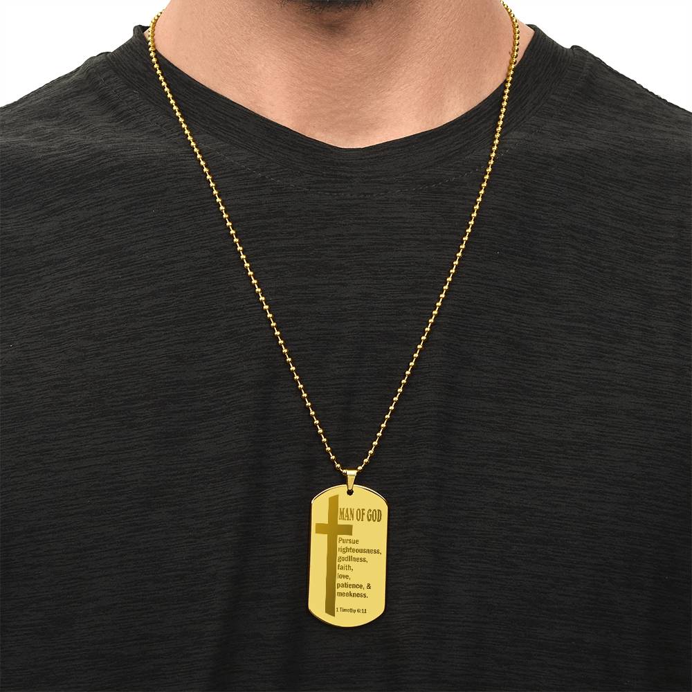Man of God Pursuing 1 Timothy 6.11 Engraved Dog Tag Necklace Stainless Steel or 18k Gold w 24" Chain-Express Your Love Gifts
