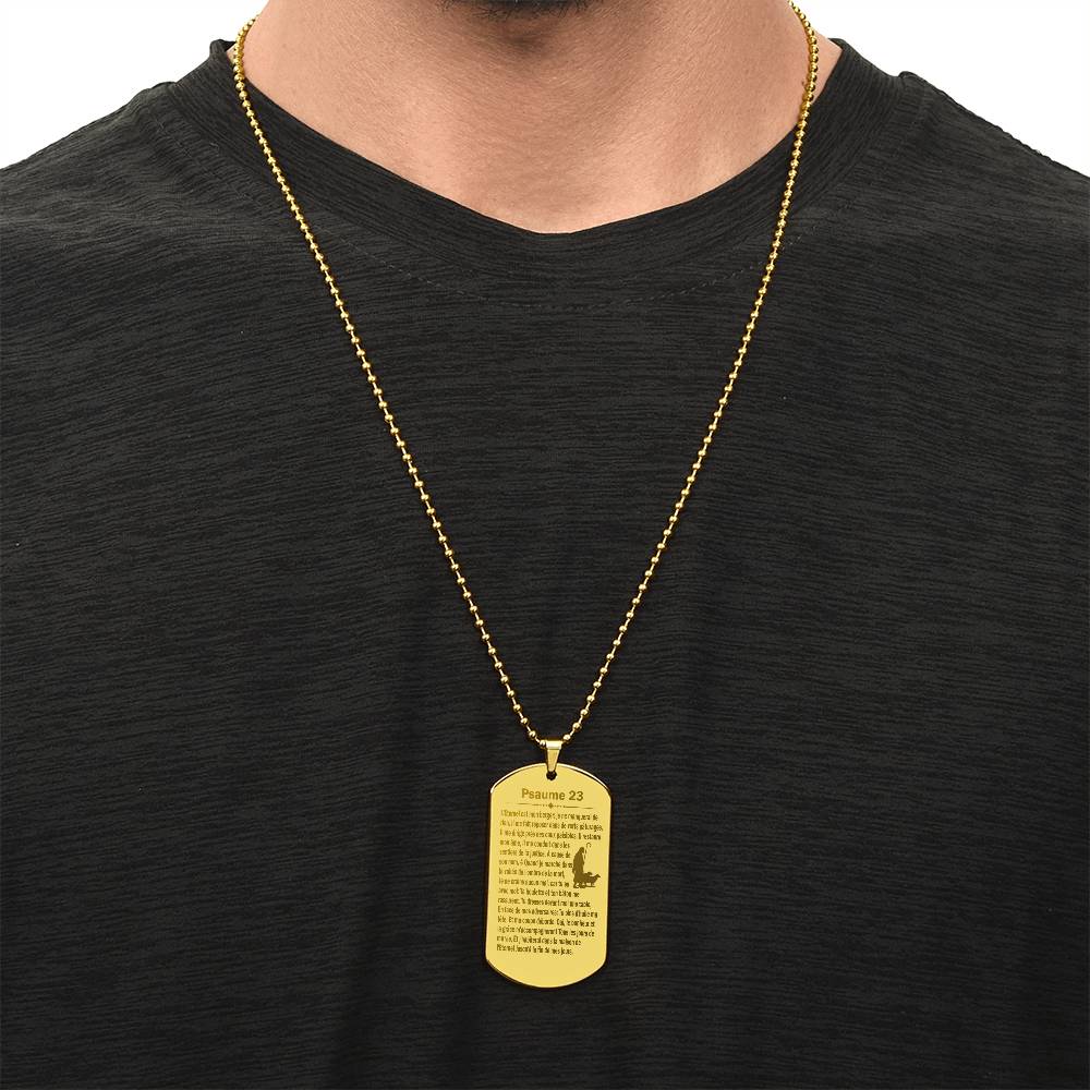 Psalm 23 French Psaume 23 Engraved Dog Tag Necklace Stainless Steel or 18k Gold w 24" Chain-Express Your Love Gifts