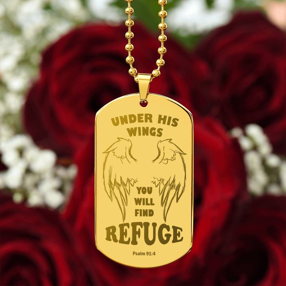Psalm 91 Refuge Under His Wings Engraved Dog Tag Necklace Stainless Steel or 18k Gold w 24" Chain-Express Your Love Gifts