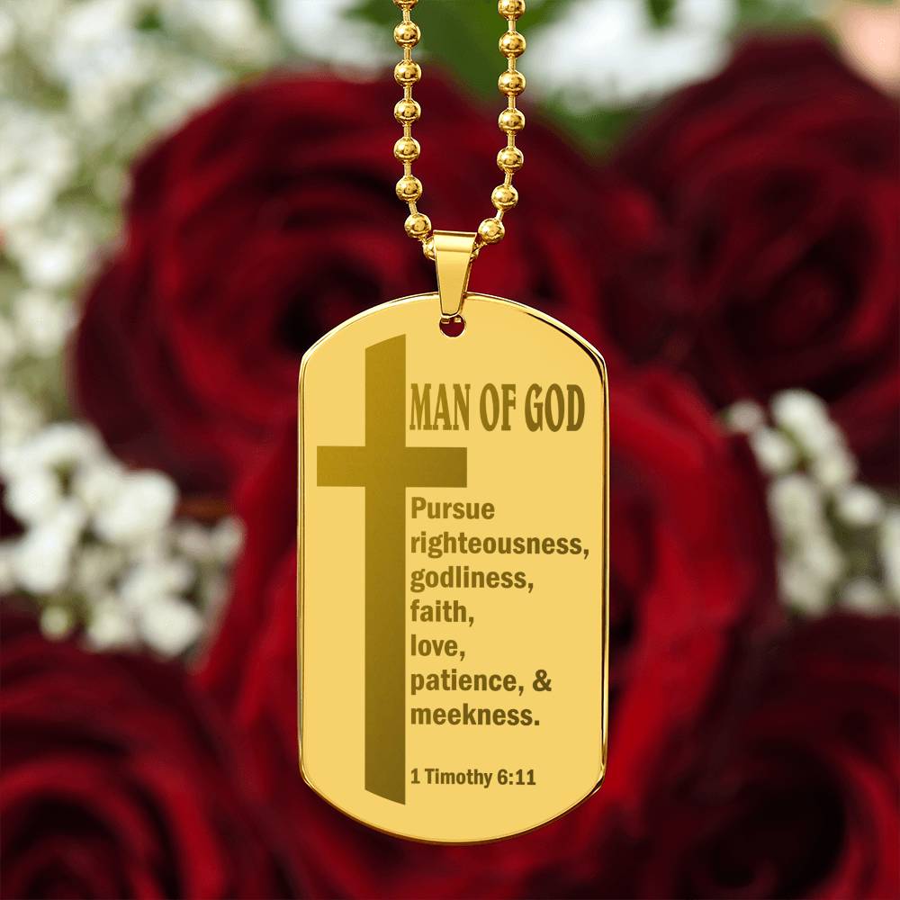 Man of God Pursuing 1 Timothy 6.11 Engraved Dog Tag Necklace Stainless Steel or 18k Gold w 24" Chain-Express Your Love Gifts