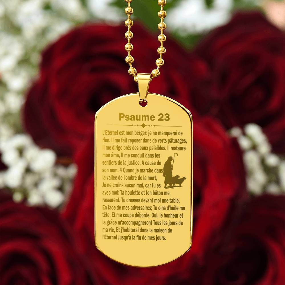 Psalm 23 French Psaume 23 Engraved Dog Tag Necklace Stainless Steel or 18k Gold w 24" Chain-Express Your Love Gifts