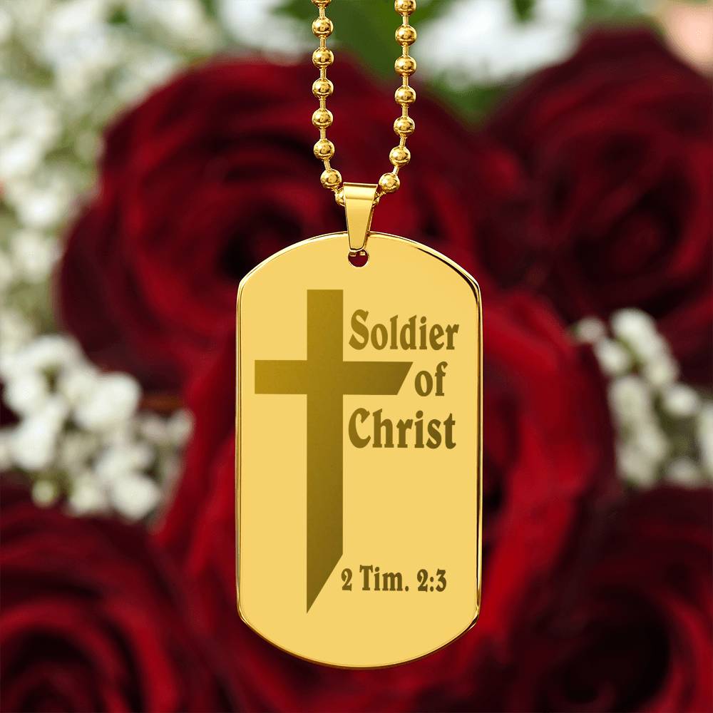 Soldier of Christ 2 Tim 2 3 Engraved Dog Tag Necklace Stainless Steel or 18k Gold w 24" Chain-Express Your Love Gifts