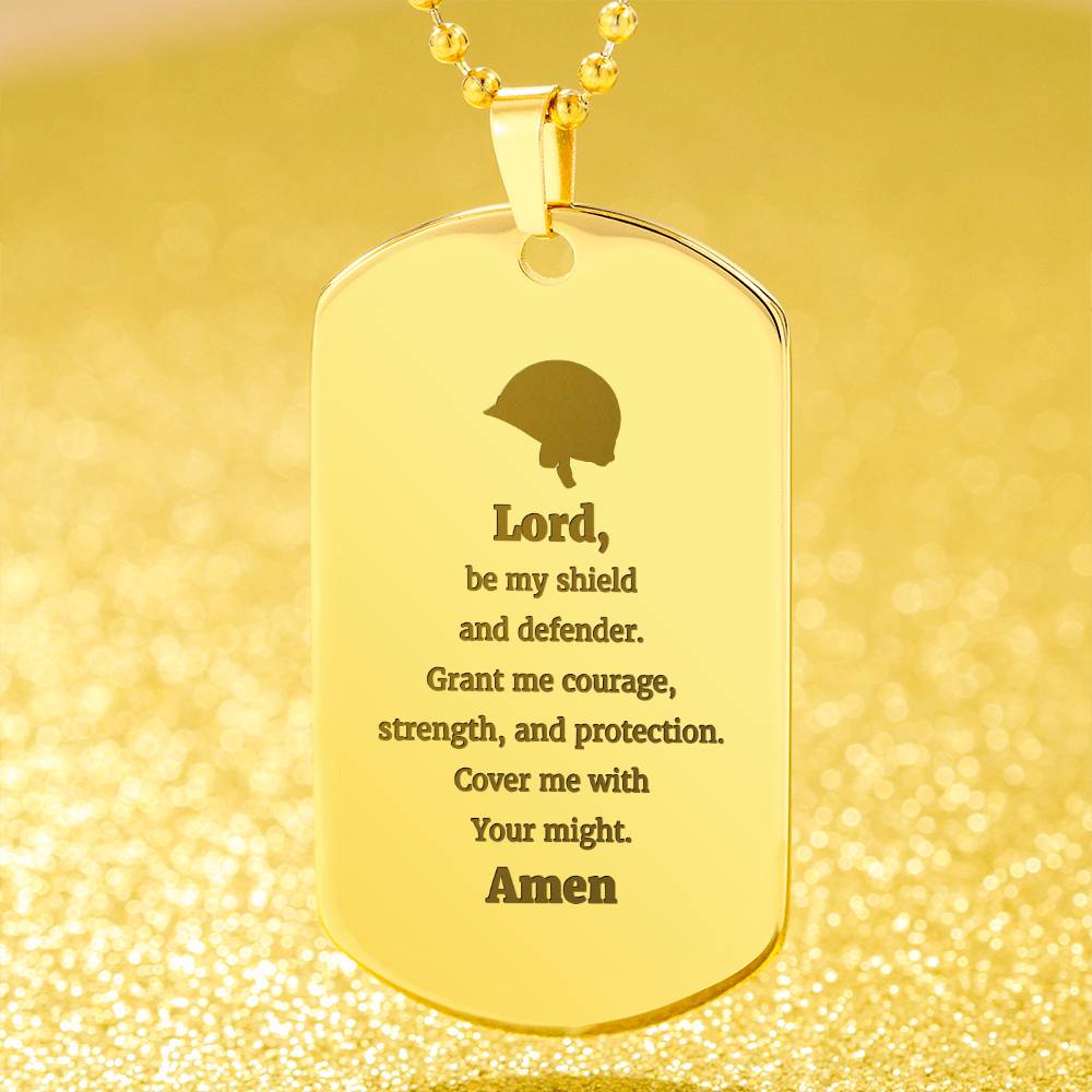 Soldiers Prayer Engraved Dog Tag Bible Necklace Stainless Steel or 18k Gold w 24" Chain