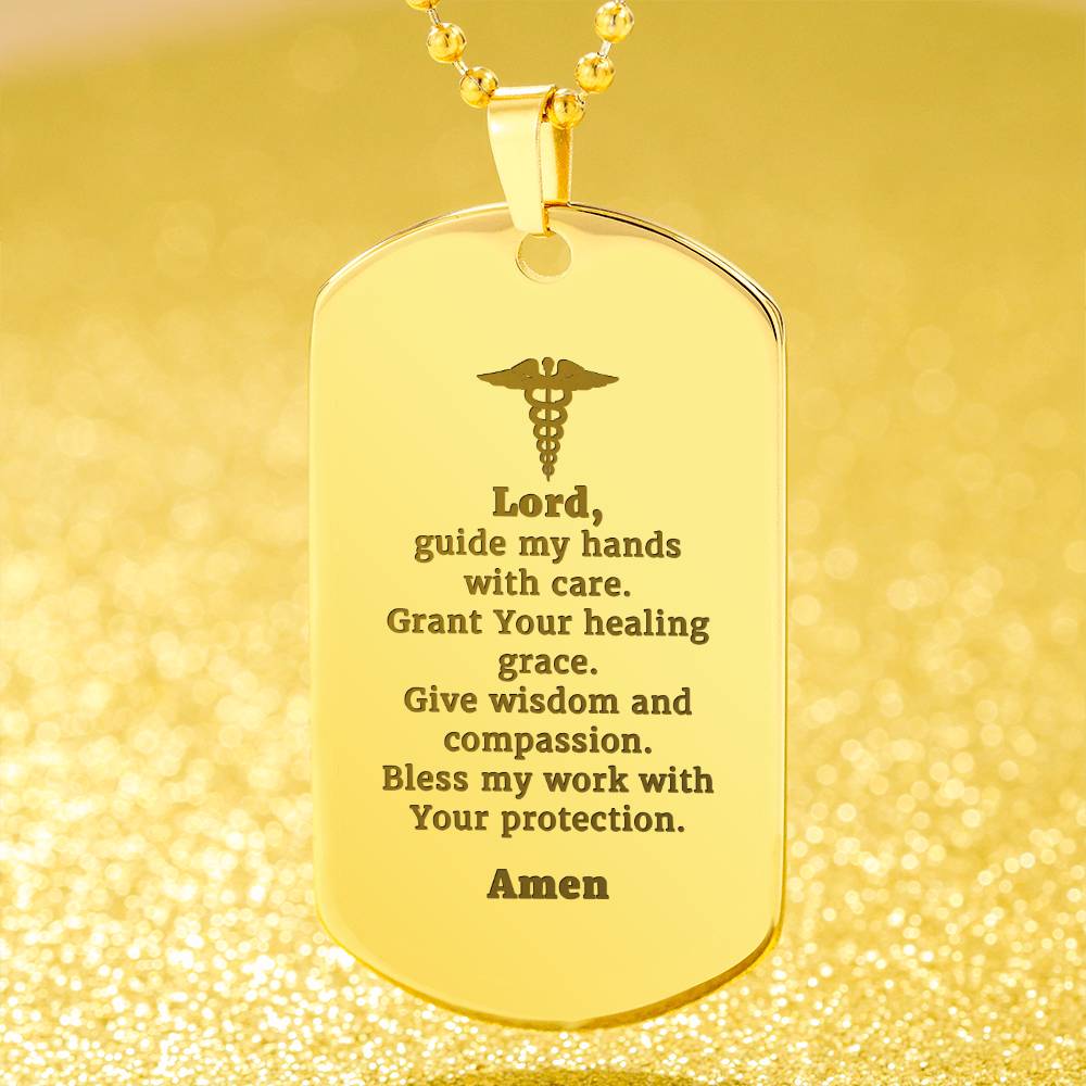 Doctors Prayer Engraved Dog Tag Bible Necklace Stainless Steel or 18k Gold w 24" Chain