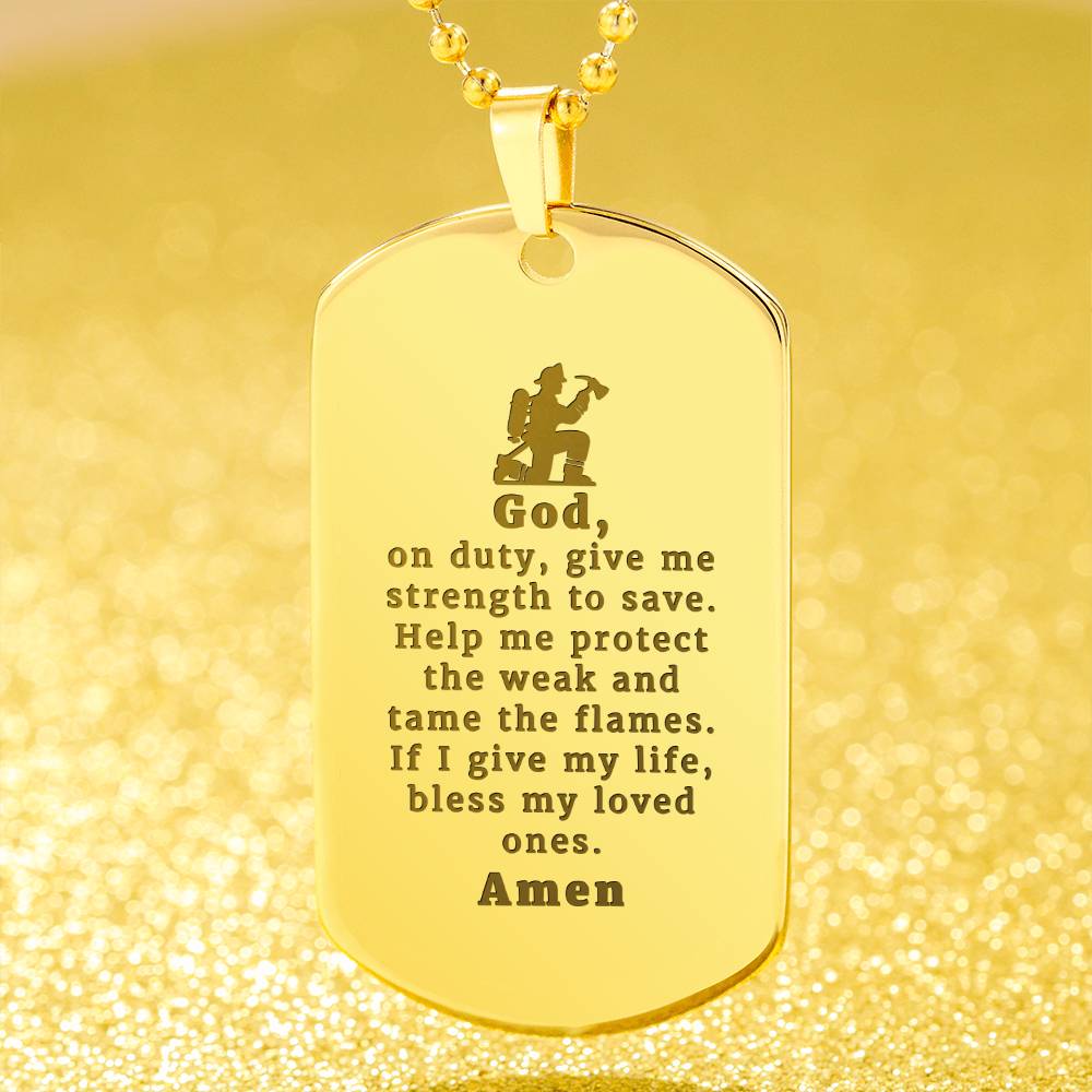 Firefighter's Prayer Engraved Dog Tag Bible Necklace Stainless Steel or 18k Gold w 24" Chain