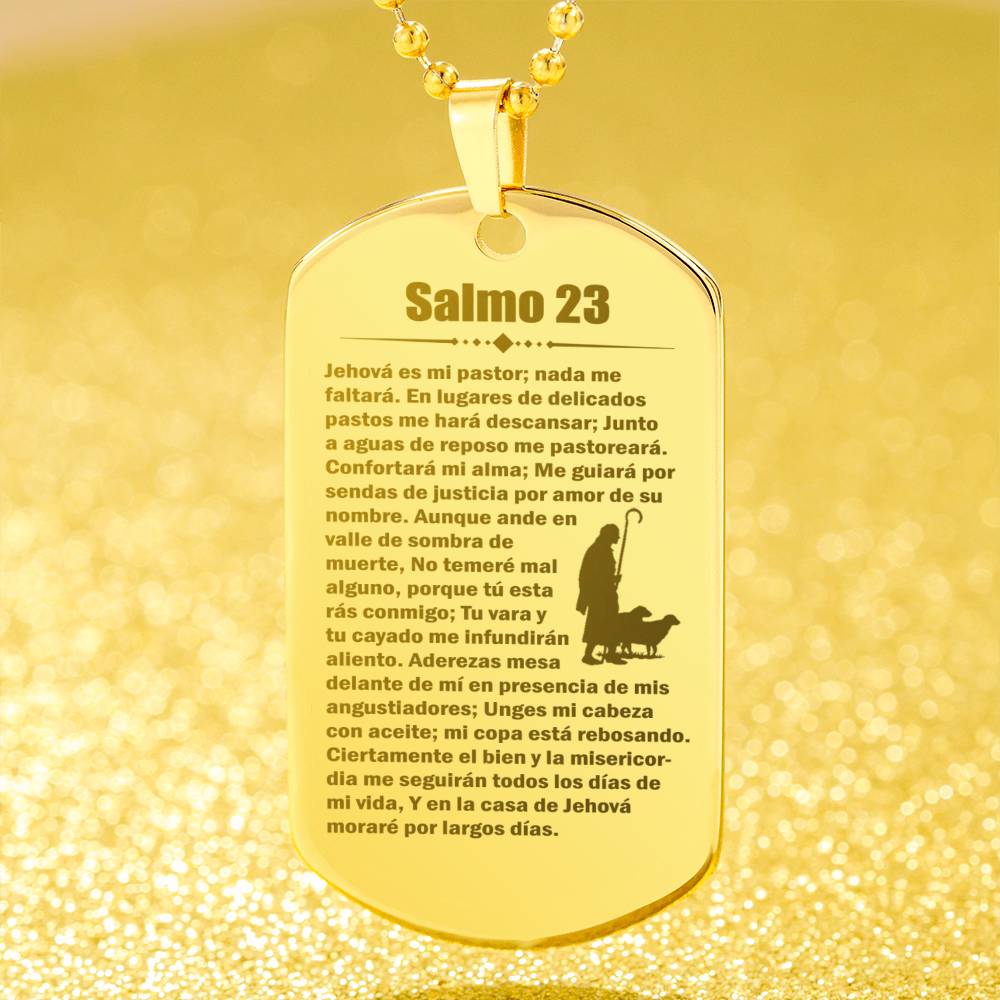 Psalm 23 Spanish Salmo 23 Engraved Dog Tag Necklace Stainless Steel or 18k Gold w 24" Chain-Express Your Love Gifts