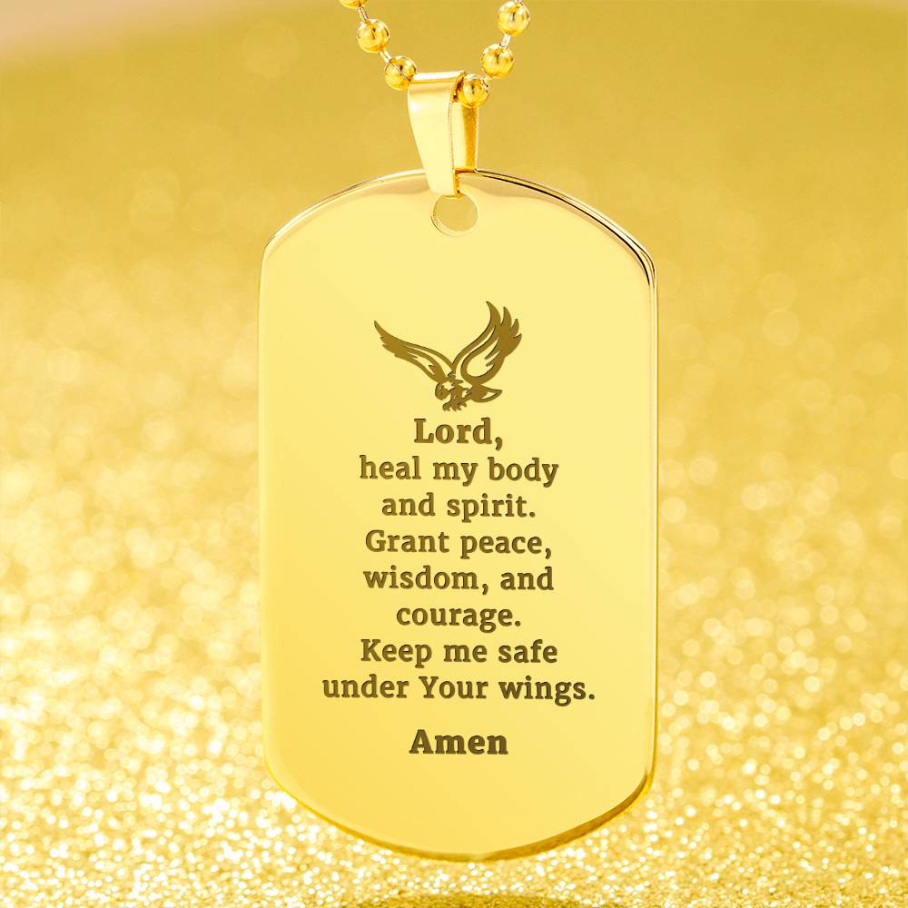 Veterans Prayer Engraved Dog Tag Bible Necklace Stainless Steel or 18k Gold w 24" Chain