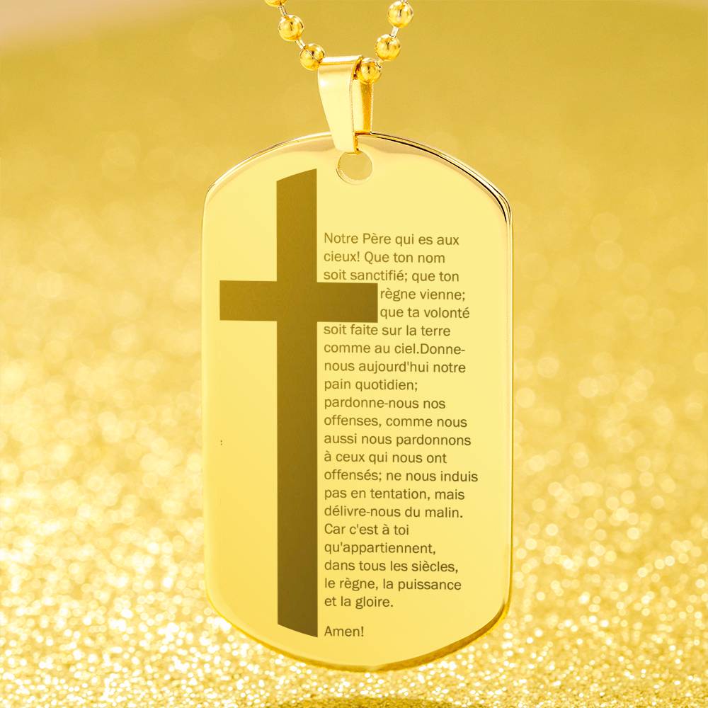 Lord's Prayer French Notre Père Dogtag Engraved Dog Tag Necklace Stainless Steel or 18k Gold w 24" Chain-Express Your Love Gifts
