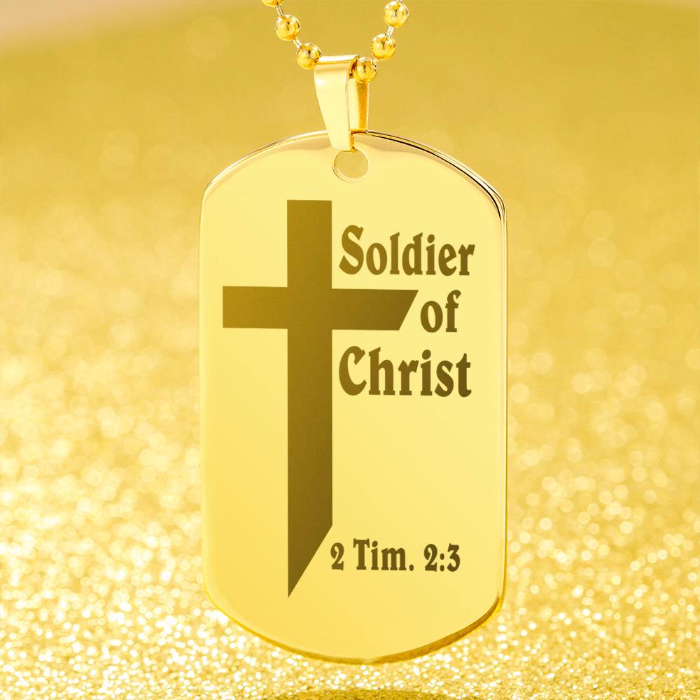 Soldier of Christ 2 Tim 2 3 Engraved Dog Tag Necklace Stainless Steel or 18k Gold w 24" Chain-Express Your Love Gifts