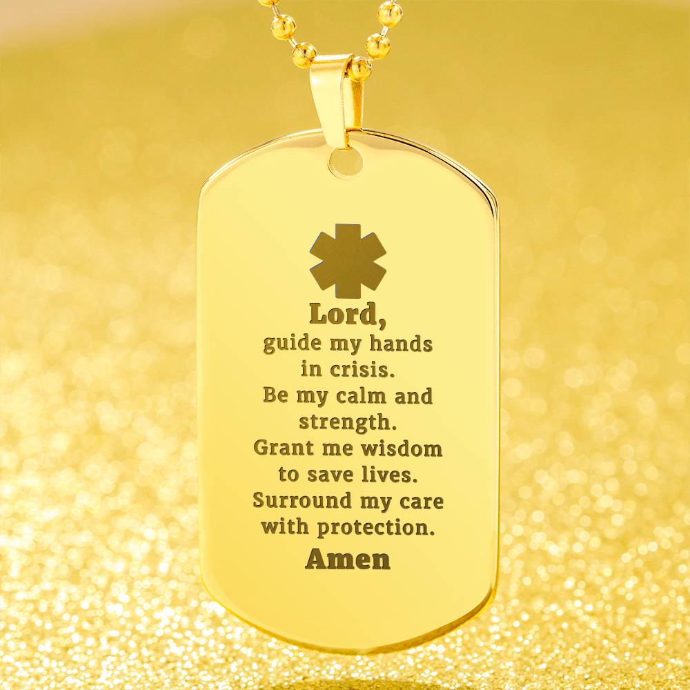 EMT Prayer Engraved Dog Tag Bible Necklace Stainless Steel or 18k Gold w 24" Chain