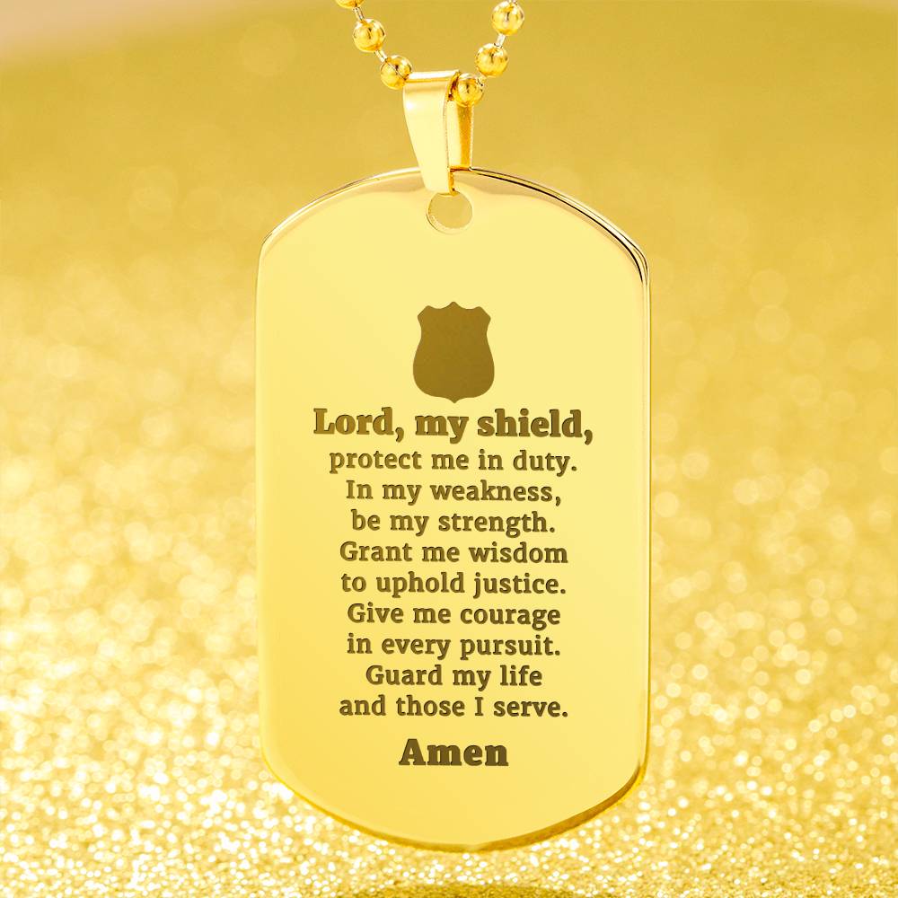 Police Prayer Badge Engraved Dog Tag Bible Necklace Stainless Steel or 18k Gold w 24" Chain