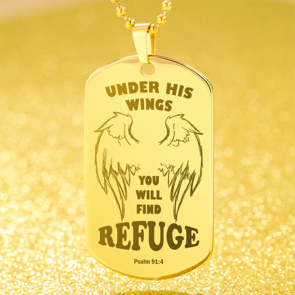 Psalm 91 Refuge Under His Wings Engraved Dog Tag Necklace Stainless Steel or 18k Gold w 24" Chain-Express Your Love Gifts