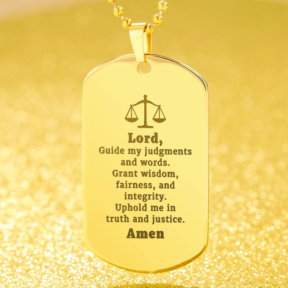 Judge and Lawyers Prayer Engraved Dog Tag Bible Necklace Stainless Steel or 18k Gold w 24" Chain