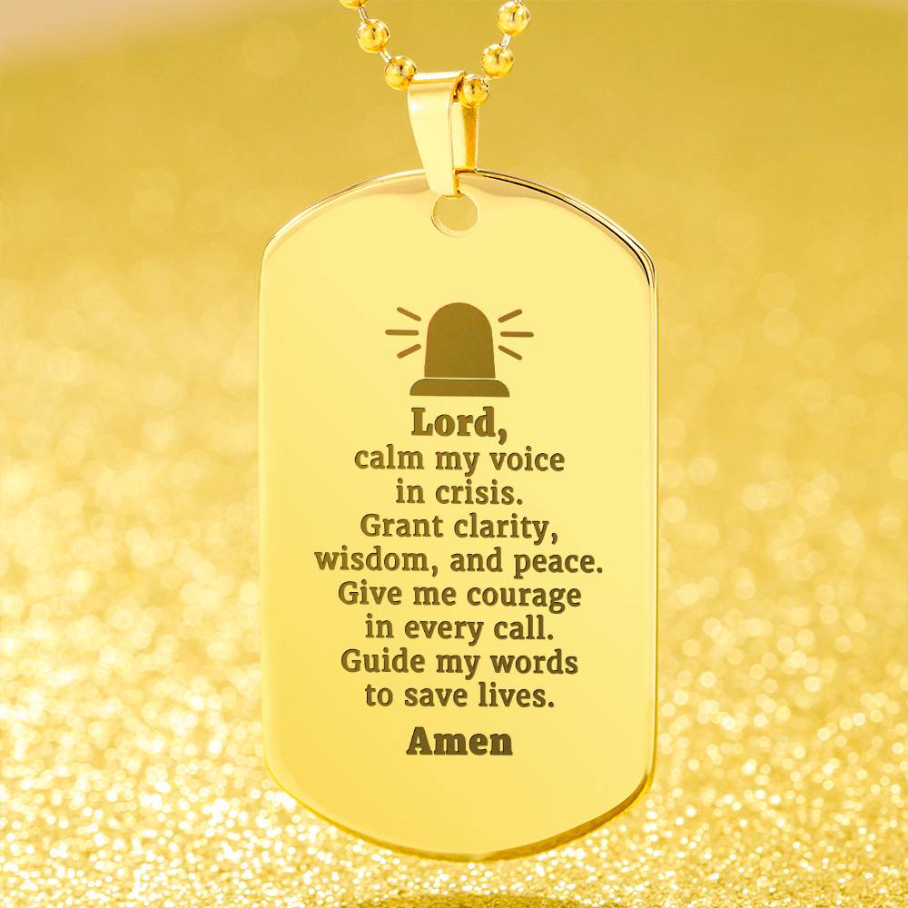 Dispatcher's Prayer Engraved Dog Tag Bible Necklace Stainless Steel or 18k Gold w 24" Chain
