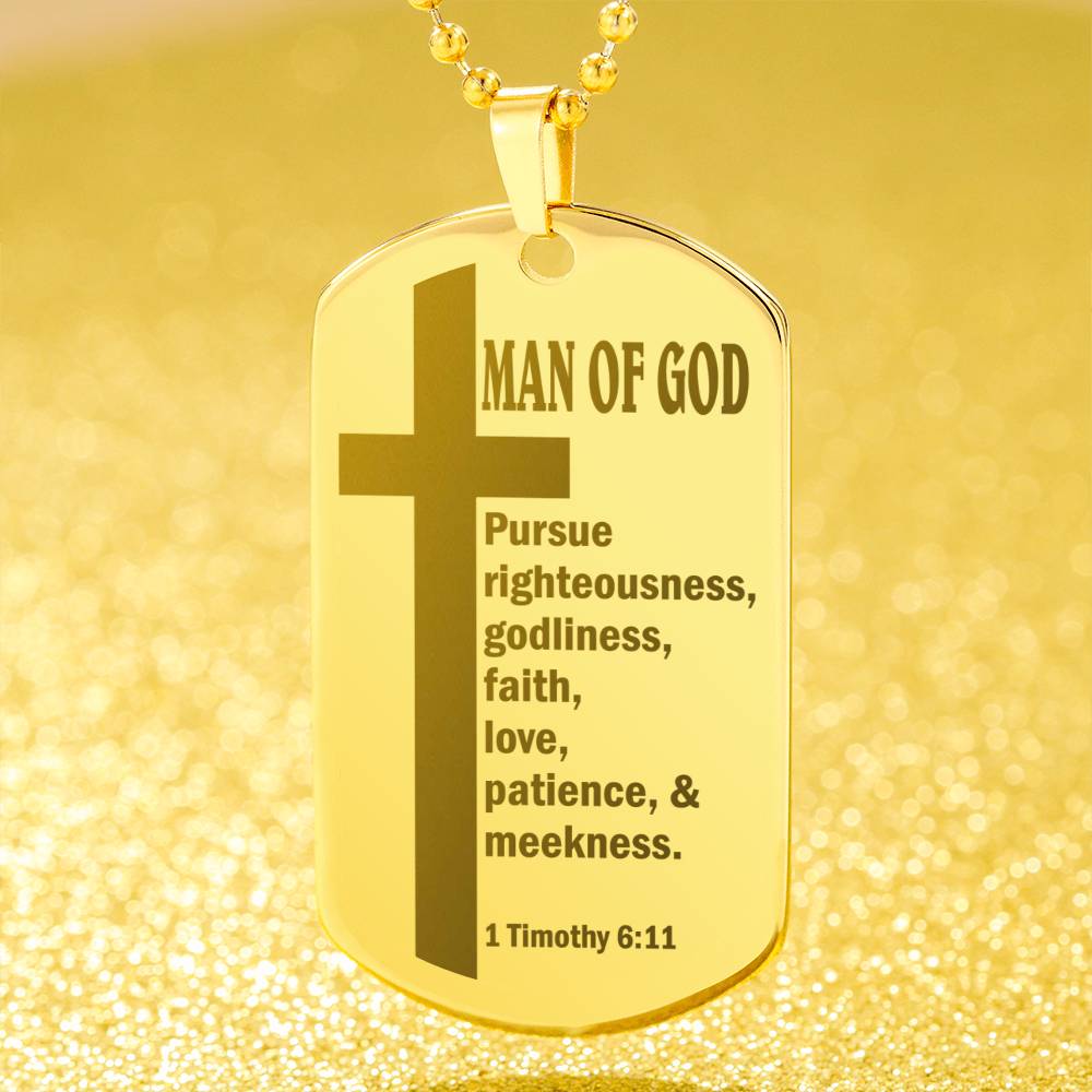 Man of God Pursuing 1 Timothy 6.11 Engraved Dog Tag Necklace Stainless Steel or 18k Gold w 24" Chain-Express Your Love Gifts