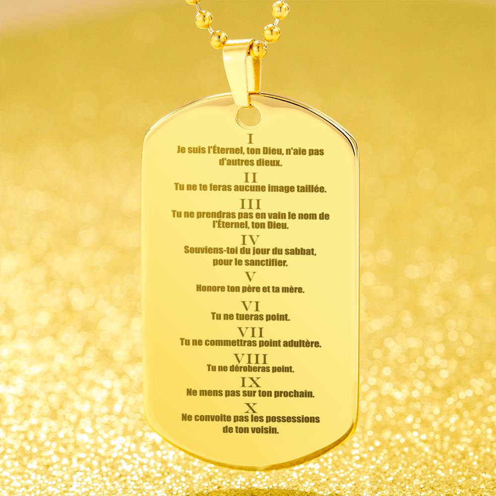 Ten Commandments French Dix Commandements Engraved Dog Tag Necklace Stainless Steel or 18k Gold w 24" Chain-Express Your Love Gifts