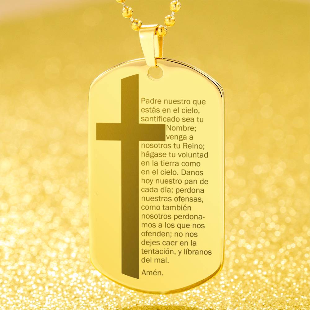 Lords Prayer Spanish Padre Nuestro Engraved Dog Tag Necklace Stainless Steel or 18k Gold w 24" Chain-Express Your Love Gifts