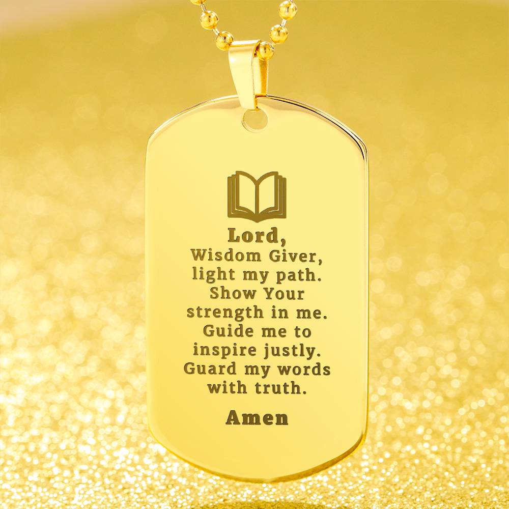 Teachers Prayer Engraved Dog Tag Bible Necklace Stainless Steel or 18k Gold w 24" Chain