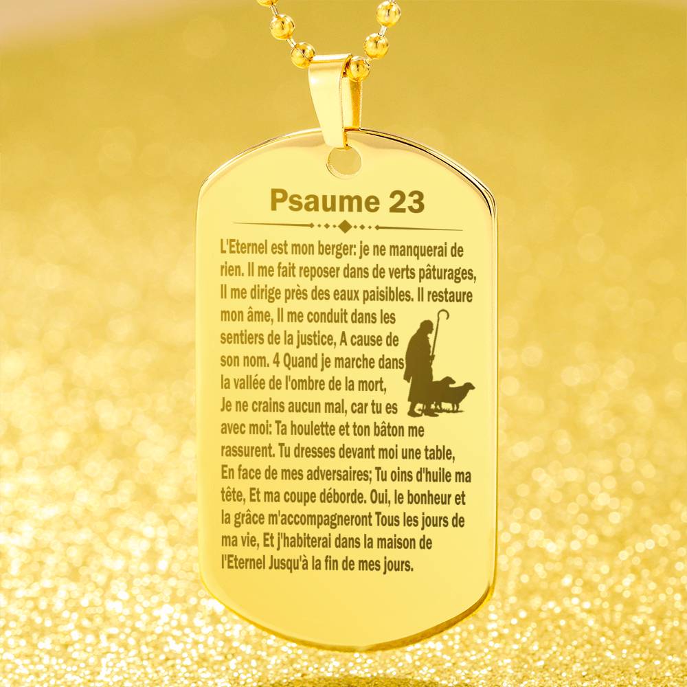 Psalm 23 French Psaume 23 Engraved Dog Tag Necklace Stainless Steel or 18k Gold w 24" Chain-Express Your Love Gifts