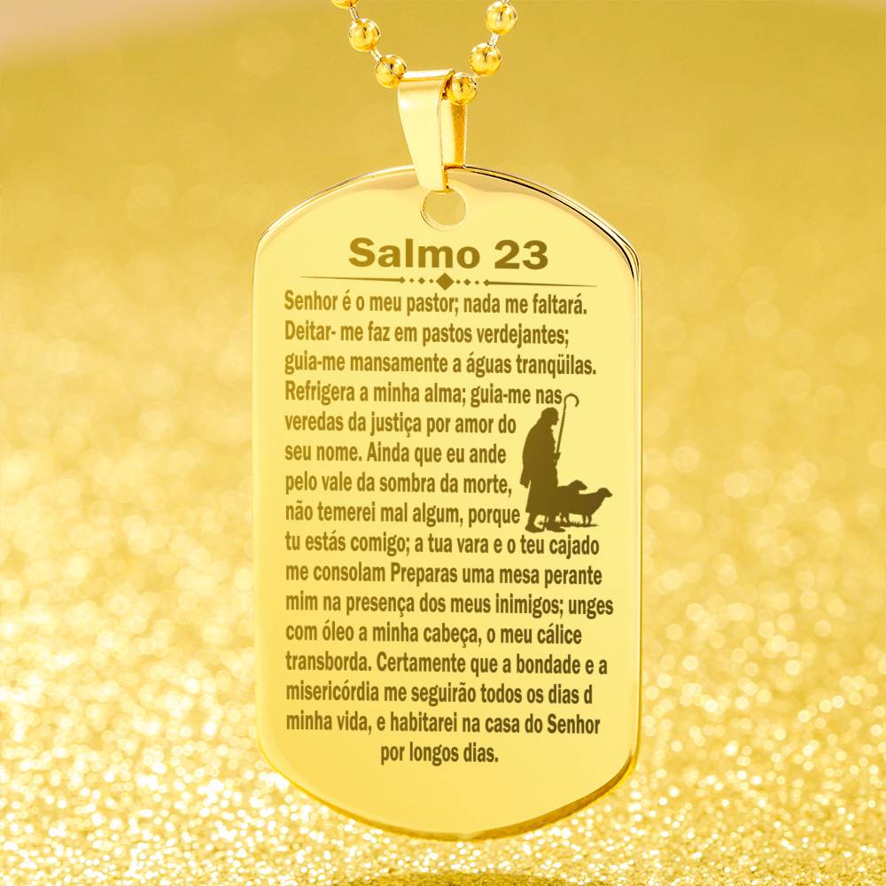 Psalm 23 Portuguese Salmo 23 Engraved Dog Tag Necklace Stainless Steel or 18k Gold w 24" Chain-Express Your Love Gifts