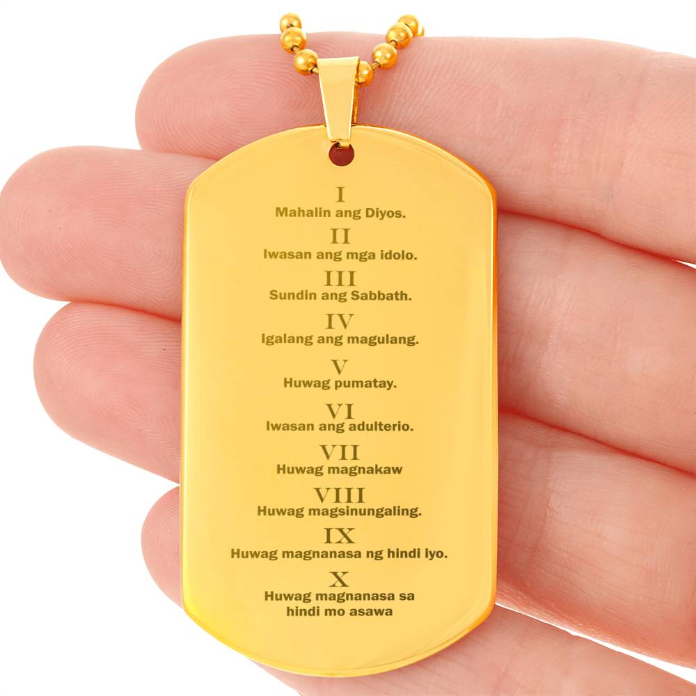 Ten Commandments Tagalog Sampung Utos Engraved Dog Tag Necklace Stainless Steel or 18k Gold w 24" Chain-Express Your Love Gifts