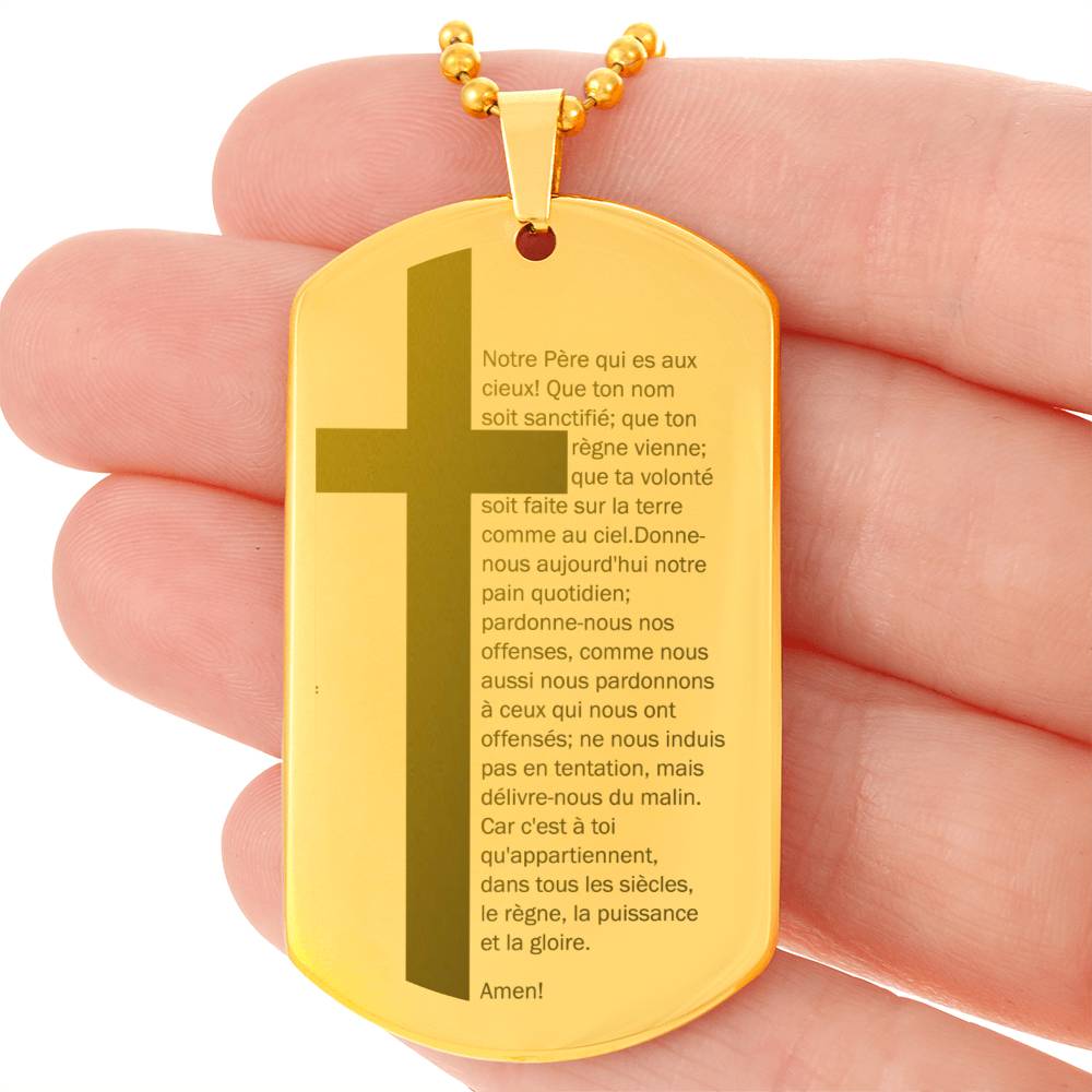 Lord's Prayer French Notre Père Dogtag Engraved Dog Tag Necklace Stainless Steel or 18k Gold w 24" Chain-Express Your Love Gifts