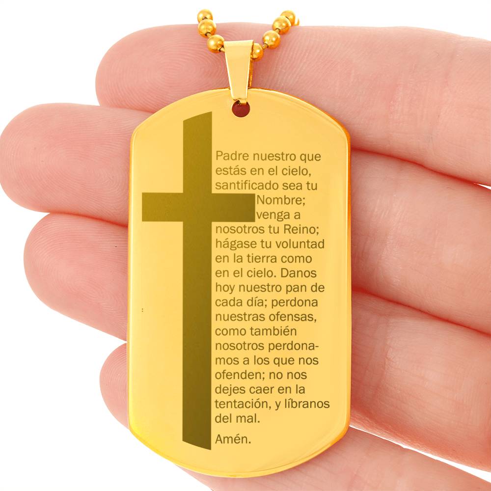 Lords Prayer Spanish Padre Nuestro Engraved Dog Tag Necklace Stainless Steel or 18k Gold w 24" Chain-Express Your Love Gifts