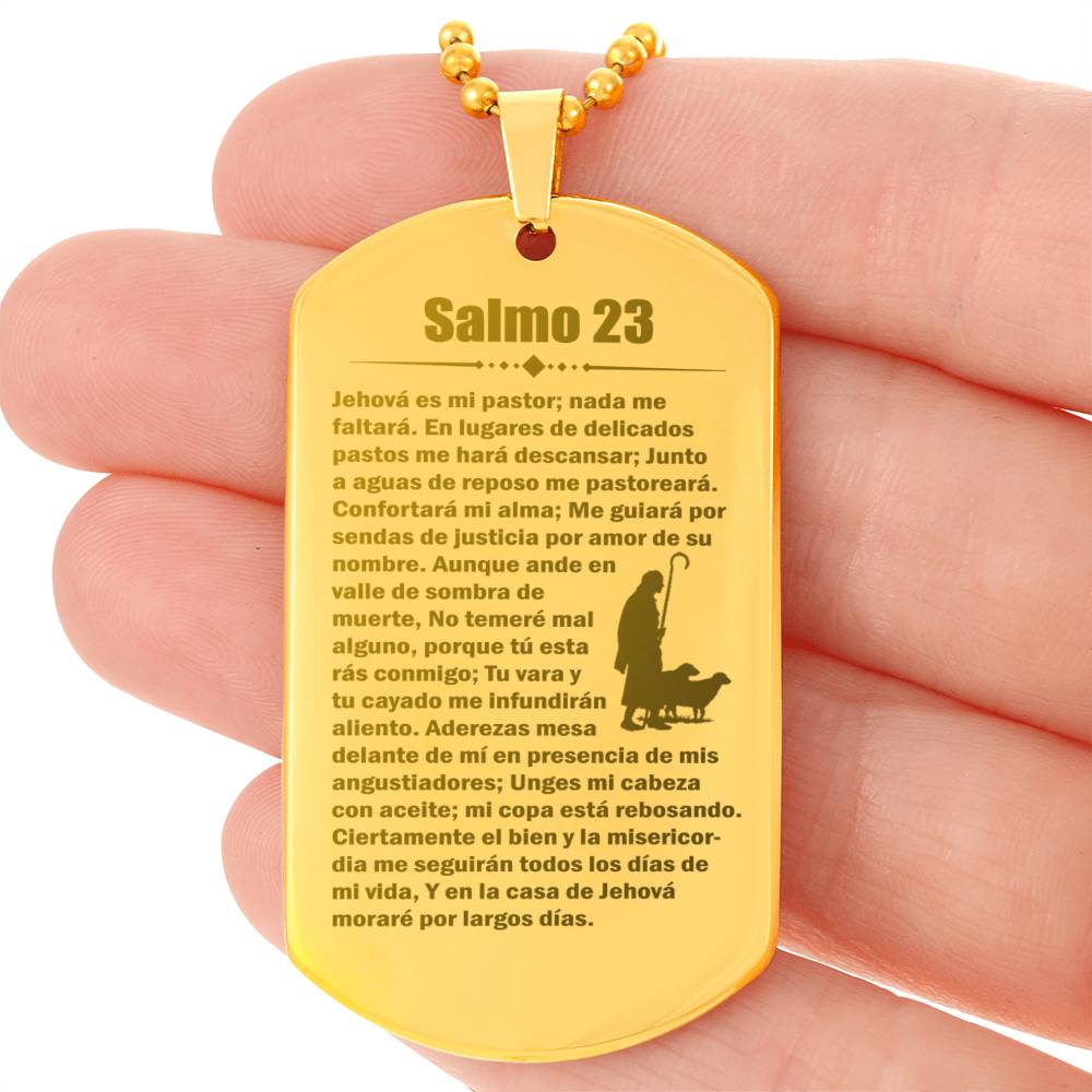 Psalm 23 Spanish Salmo 23 Engraved Dog Tag Necklace Stainless Steel or 18k Gold w 24" Chain-Express Your Love Gifts
