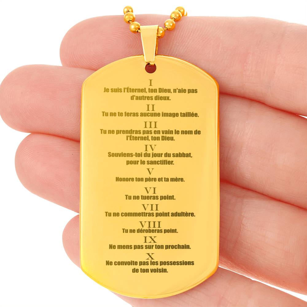 Ten Commandments French Dix Commandements Engraved Dog Tag Necklace Stainless Steel or 18k Gold w 24" Chain-Express Your Love Gifts