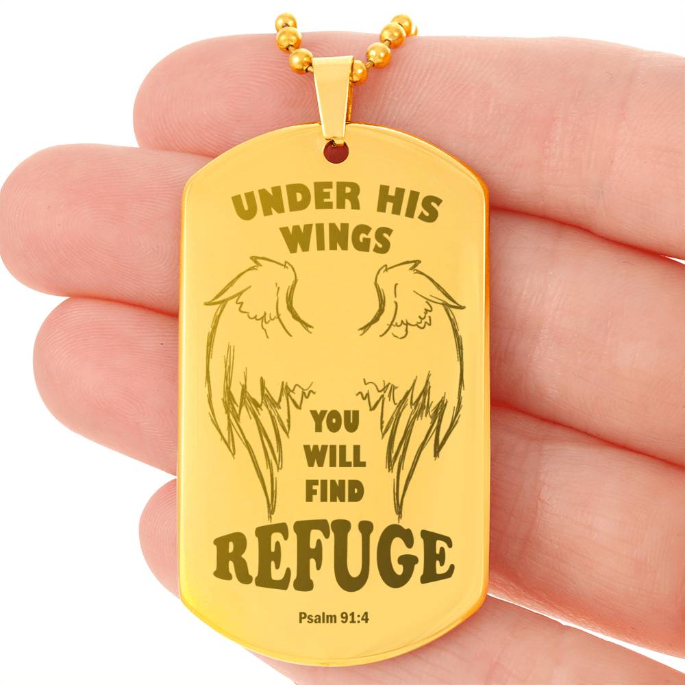 Psalm 91 Refuge Under His Wings Engraved Dog Tag Necklace Stainless Steel or 18k Gold w 24" Chain-Express Your Love Gifts