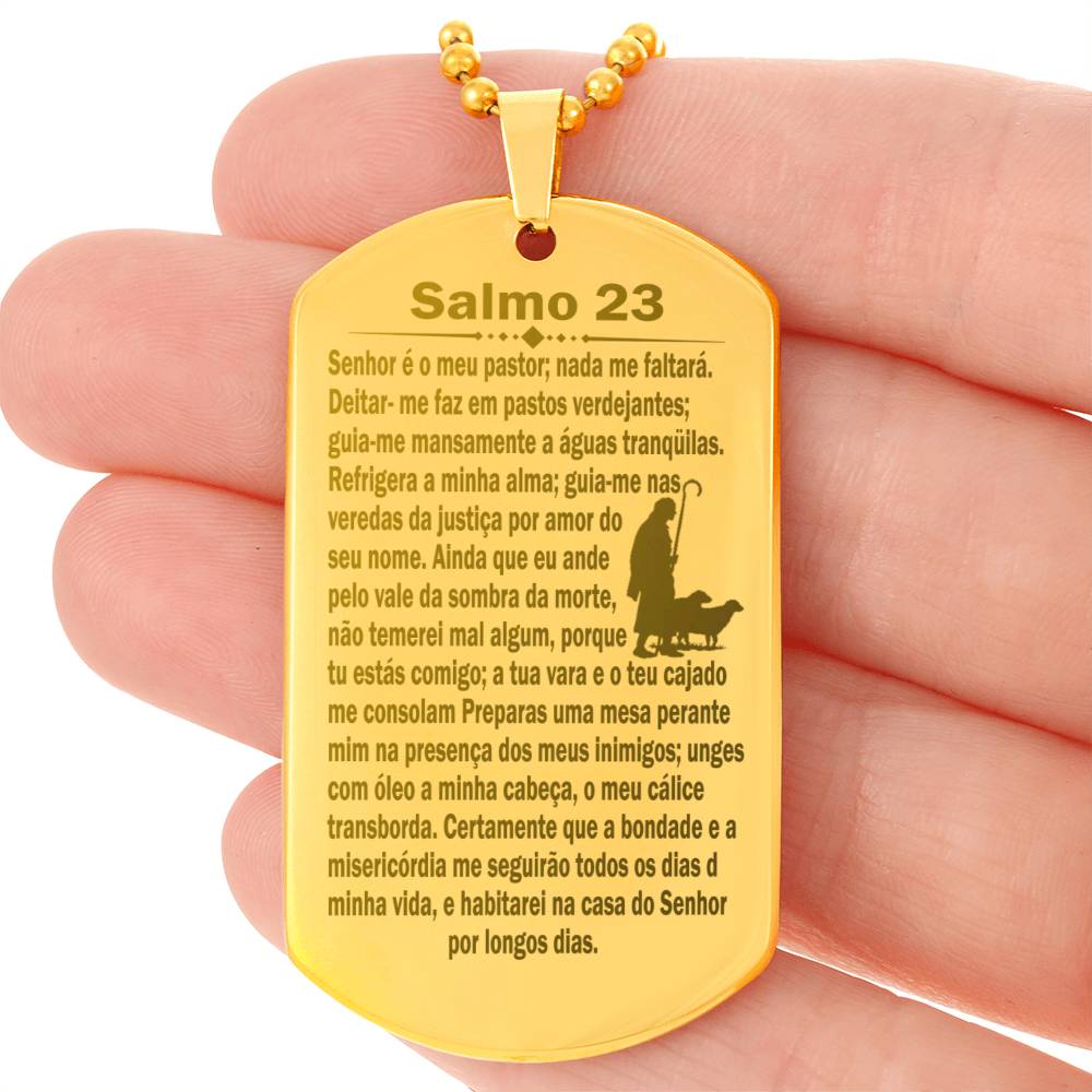 Psalm 23 Portuguese Salmo 23 Engraved Dog Tag Necklace Stainless Steel or 18k Gold w 24" Chain-Express Your Love Gifts